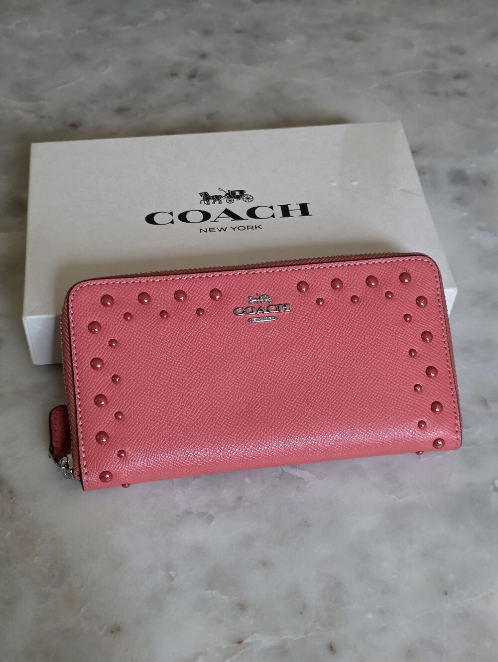 Authentic COACH Coral Pink Pebbled Leather Zip Around Wallet with Studs